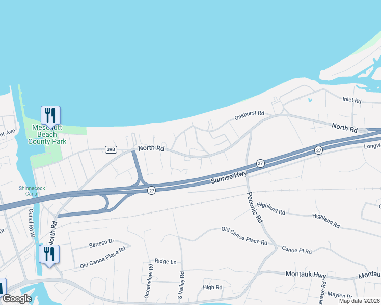 map of restaurants, bars, coffee shops, grocery stores, and more near 71 North Highway in Hampton Bays