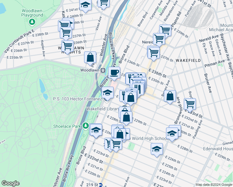 map of restaurants, bars, coffee shops, grocery stores, and more near 645 East 231st Street in Bronx