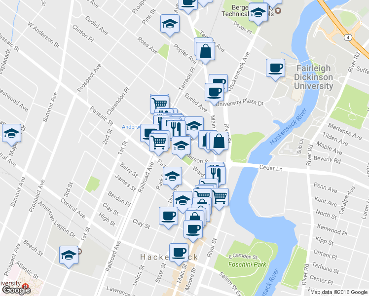 map of restaurants, bars, coffee shops, grocery stores, and more near 20 Pangborn Place in Hackensack