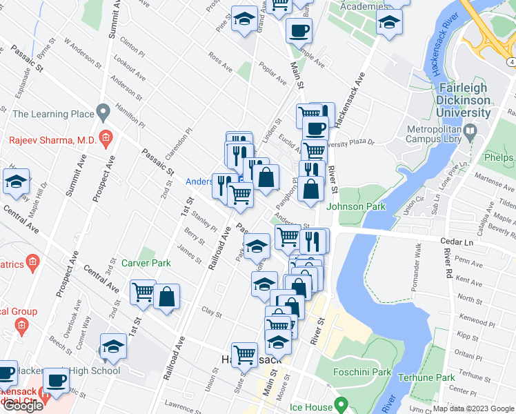 map of restaurants, bars, coffee shops, grocery stores, and more near 445 Park Street in Hackensack