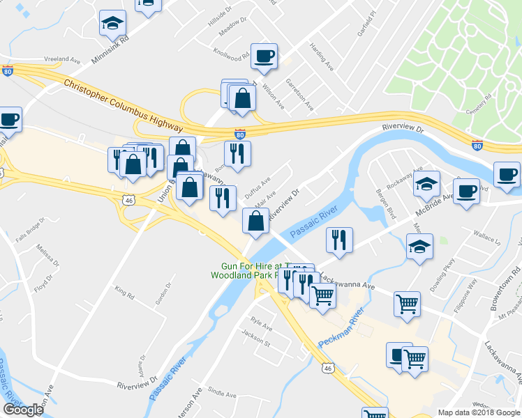 map of restaurants, bars, coffee shops, grocery stores, and more near 7 Mair Avenue in Totowa