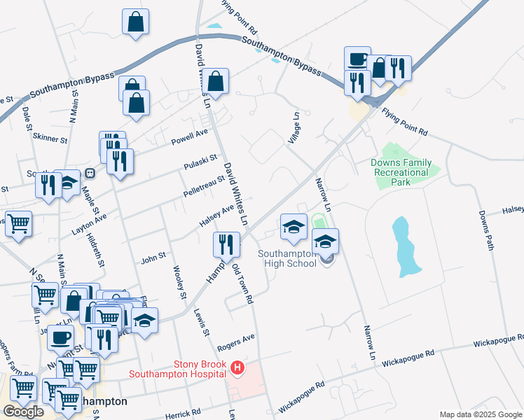 map of restaurants, bars, coffee shops, grocery stores, and more near 50 David Whites Lane in Southampton