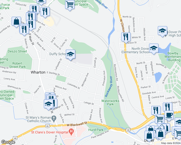 map of restaurants, bars, coffee shops, grocery stores, and more near 4 Michigan Avenue in Wharton