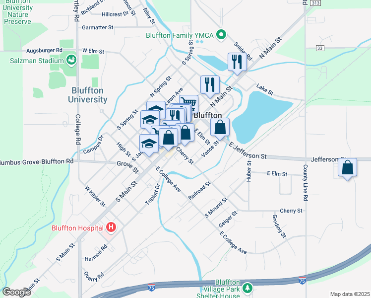 map of restaurants, bars, coffee shops, grocery stores, and more near 111 Cherry St in Bluffton