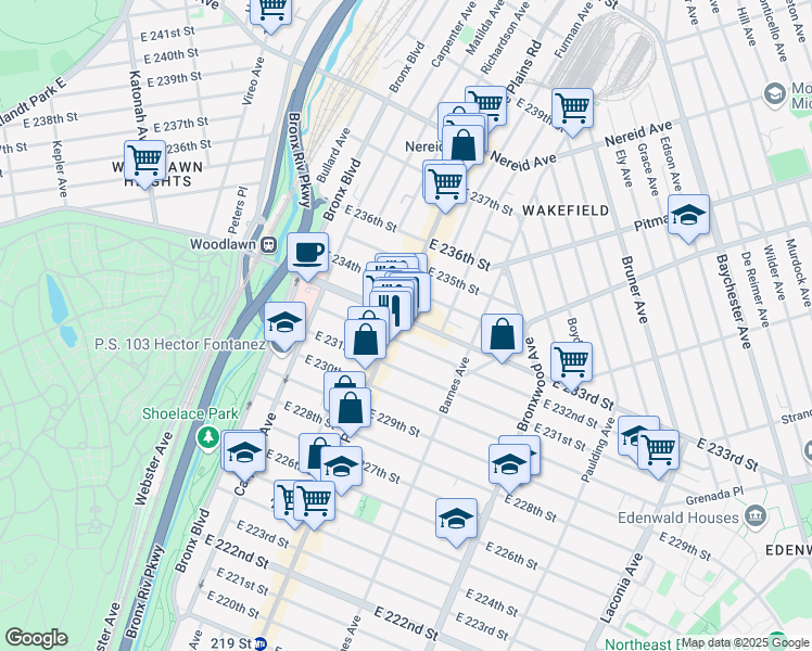 map of restaurants, bars, coffee shops, grocery stores, and more near 708 East 233rd Street in The Bronx