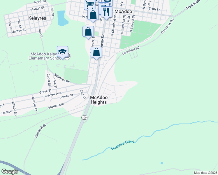 map of restaurants, bars, coffee shops, grocery stores, and more near 6 Middle Street in McAdoo