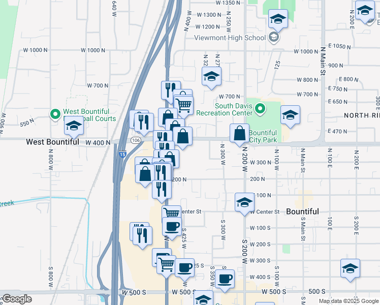 map of restaurants, bars, coffee shops, grocery stores, and more near 399 West 400 North in Bountiful