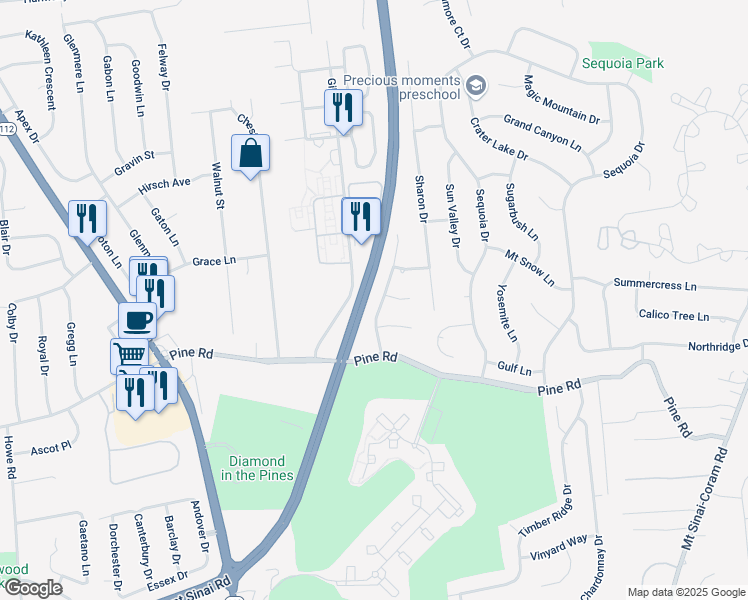 map of restaurants, bars, coffee shops, grocery stores, and more near 12 Stuart Drive in Coram