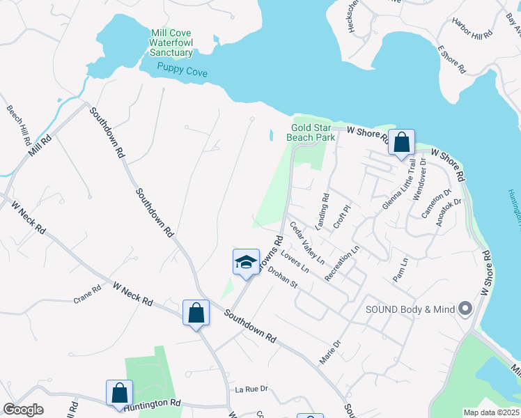 map of restaurants, bars, coffee shops, grocery stores, and more near 101 Browns Road in Huntington