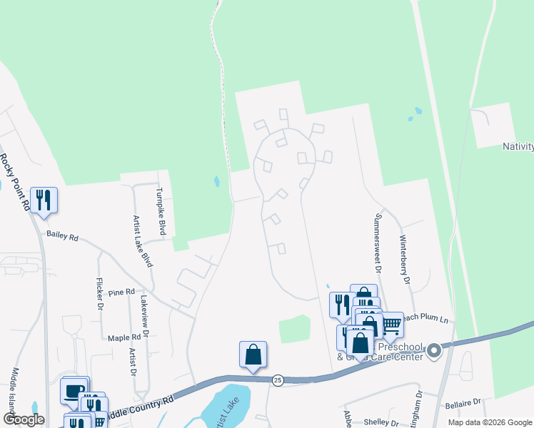map of restaurants, bars, coffee shops, grocery stores, and more near 29 Briar Hill Court in Middle Island