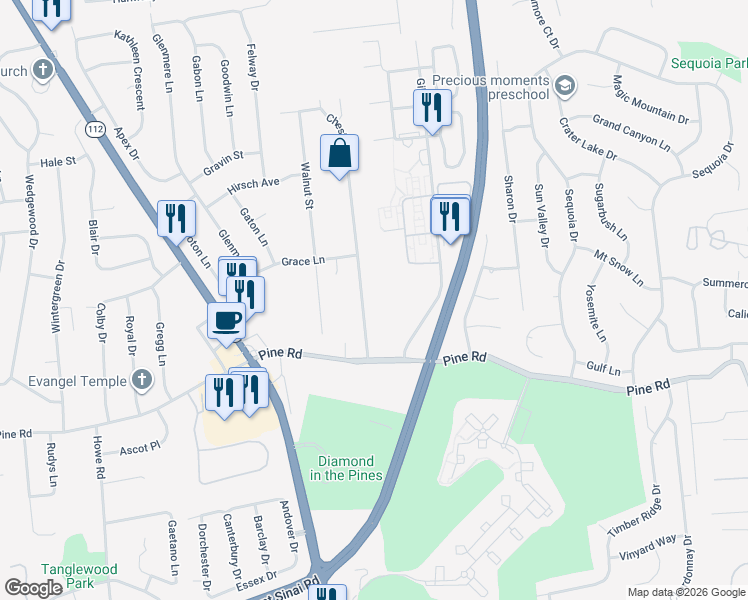 map of restaurants, bars, coffee shops, grocery stores, and more near 57 Chestnut Street in Coram