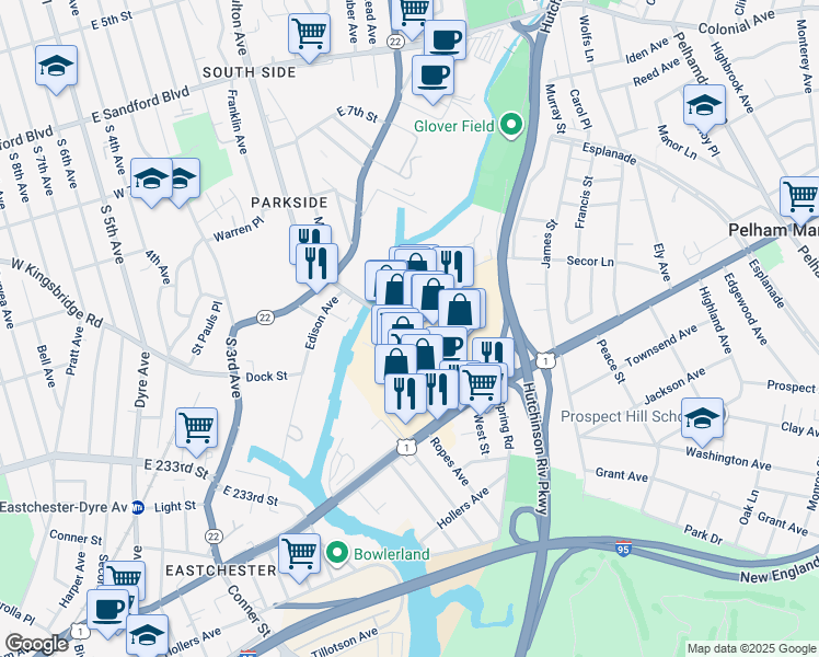 map of restaurants, bars, coffee shops, grocery stores, and more near 70th in Westchester