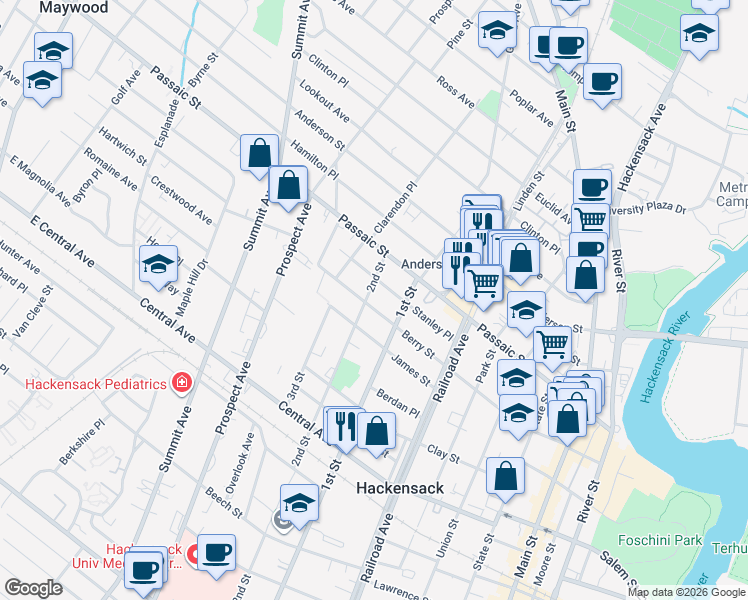 map of restaurants, bars, coffee shops, grocery stores, and more near 250 Berry Street in Hackensack