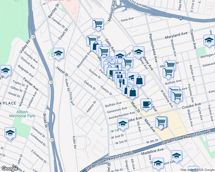 map of restaurants, bars, coffee shops, grocery stores, and more near 385 Paxton Street in Paterson