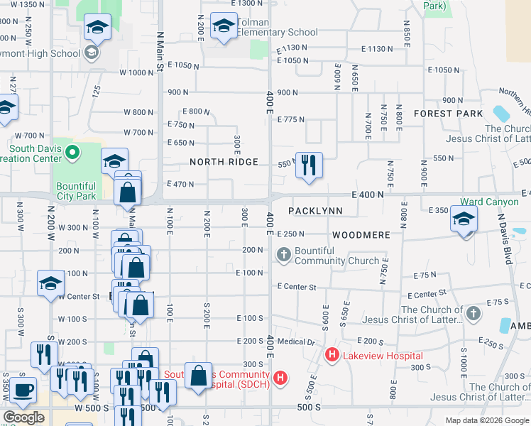map of restaurants, bars, coffee shops, grocery stores, and more near 355 North 400 East in Bountiful