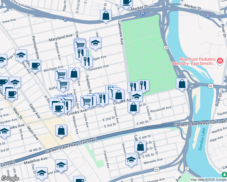 map of restaurants, bars, coffee shops, grocery stores, and more near 405 Knickerbocker Avenue in Paterson