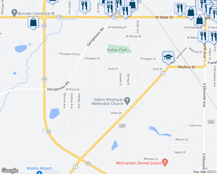 map of restaurants, bars, coffee shops, grocery stores, and more near 1016 West Perry Street in Salem