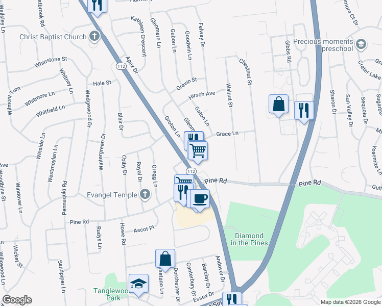 map of restaurants, bars, coffee shops, grocery stores, and more near 1 Groton Lane in Coram