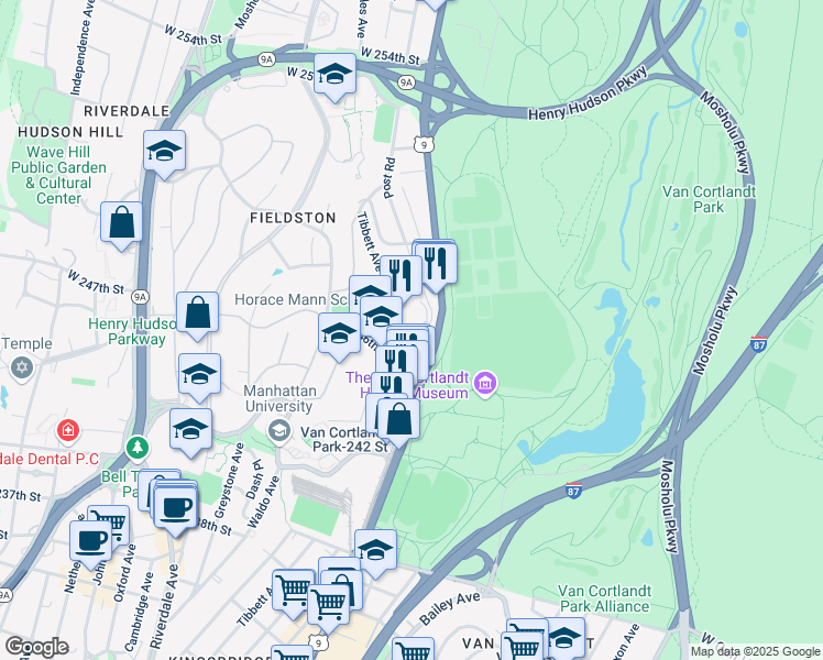 map of restaurants, bars, coffee shops, grocery stores, and more near 221 West 246th Street in Bronx