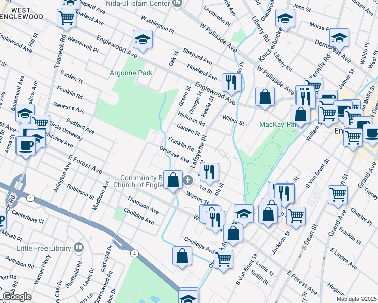 map of restaurants, bars, coffee shops, grocery stores, and more near 262 Franklin Road in Englewood