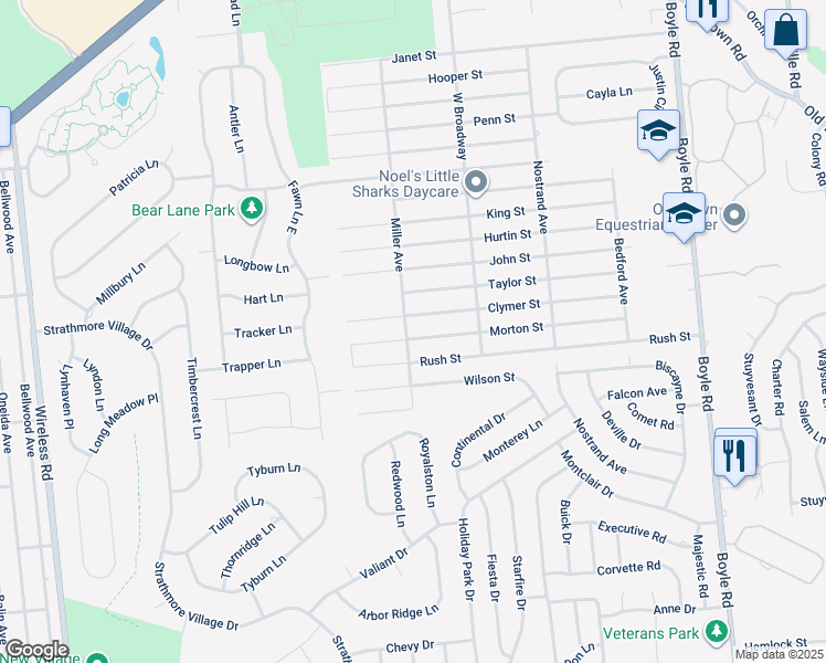 map of restaurants, bars, coffee shops, grocery stores, and more near 77 Miller Avenue in Port Jefferson Station