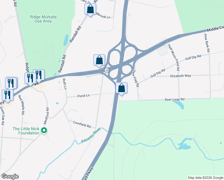 map of restaurants, bars, coffee shops, grocery stores, and more near 39 Pond Lane in Ridge
