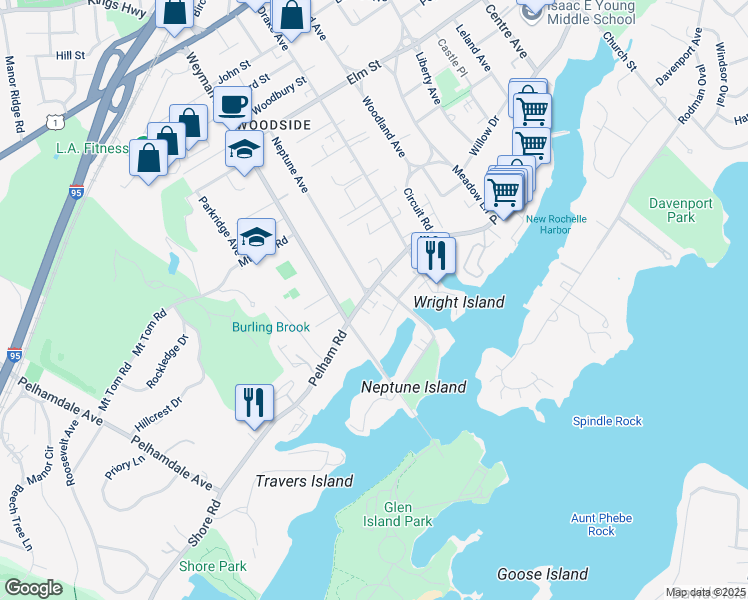 map of restaurants, bars, coffee shops, grocery stores, and more near in New Rochelle