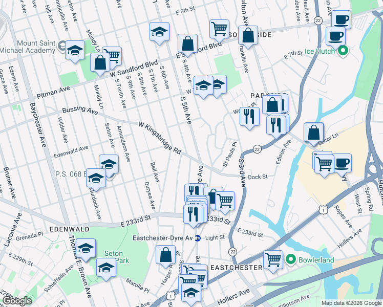 map of restaurants, bars, coffee shops, grocery stores, and more near 760 South 5th Avenue in Mount Vernon