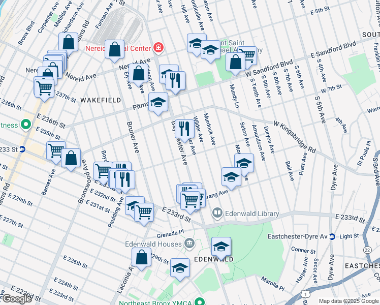 map of restaurants, bars, coffee shops, grocery stores, and more near 4100 Baychester Avenue in Bronx