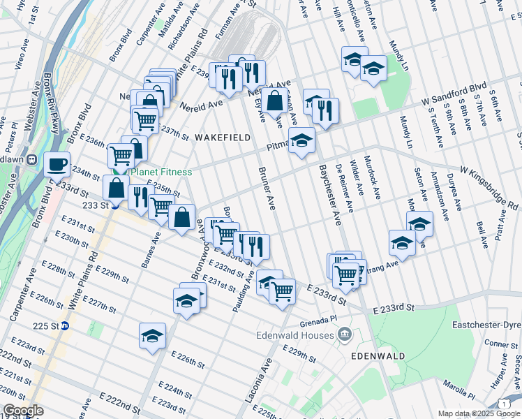 map of restaurants, bars, coffee shops, grocery stores, and more near 4131 Bruner Avenue in Bronx