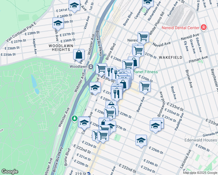 map of restaurants, bars, coffee shops, grocery stores, and more near 645 East 231st Street in Bronx