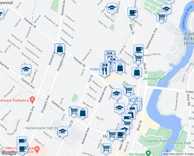 map of restaurants, bars, coffee shops, grocery stores, and more near 169 Passaic Street in Hackensack