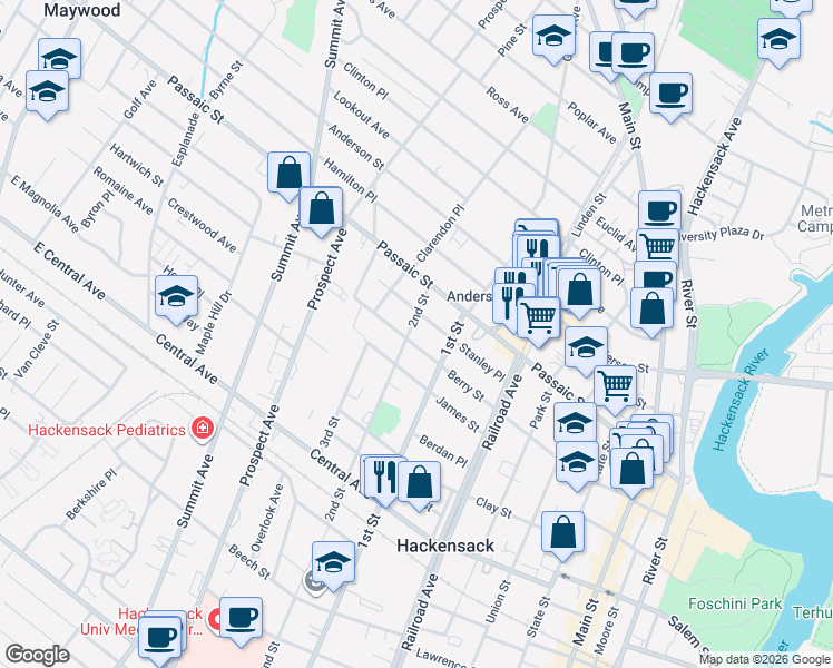 map of restaurants, bars, coffee shops, grocery stores, and more near 250 Berry Street in Hackensack