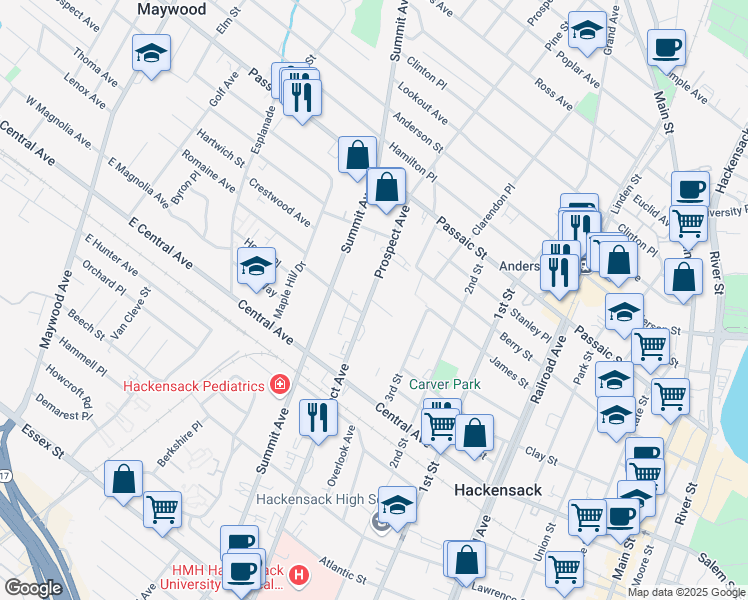 map of restaurants, bars, coffee shops, grocery stores, and more near 307 Prospect Avenue in Hackensack
