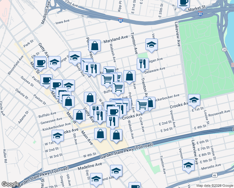 map of restaurants, bars, coffee shops, grocery stores, and more near 39 Dundee Avenue in Paterson