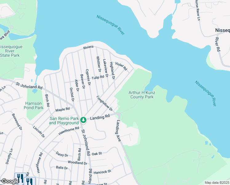 map of restaurants, bars, coffee shops, grocery stores, and more near 107 Walnut Road in Kings Park