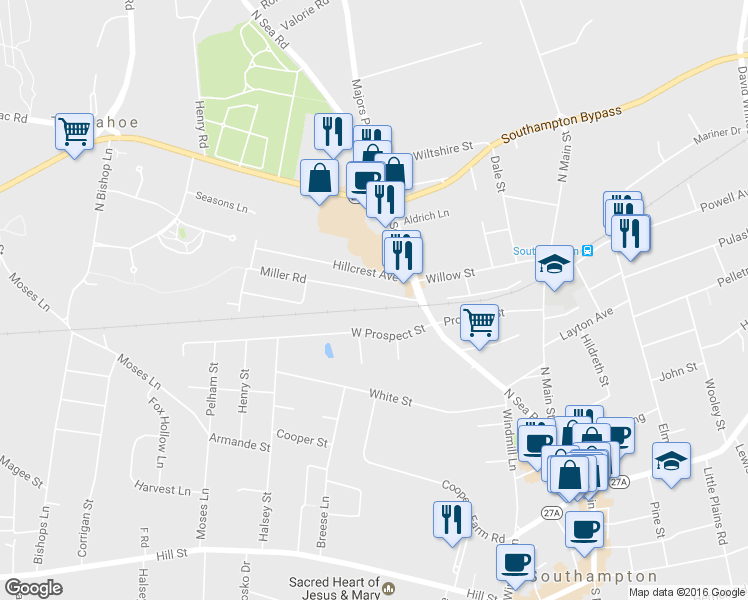 map of restaurants, bars, coffee shops, grocery stores, and more near 54 Miller Rd in Southampton