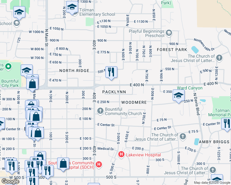 map of restaurants, bars, coffee shops, grocery stores, and more near 524 East 350 North in Bountiful