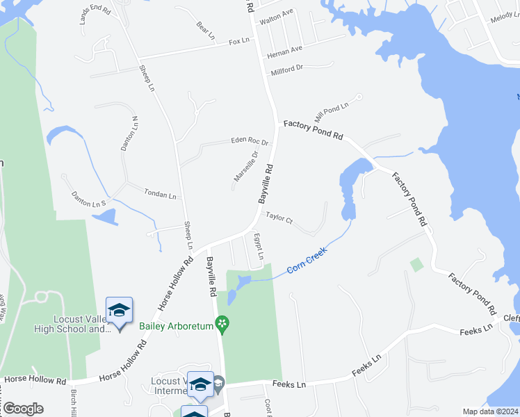 map of restaurants, bars, coffee shops, grocery stores, and more near Bayville Road in Locust Valley