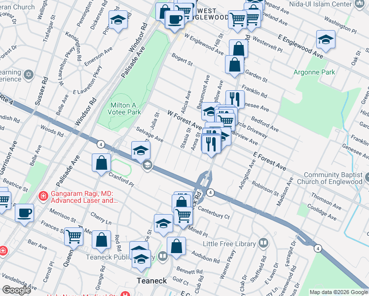 map of restaurants, bars, coffee shops, grocery stores, and more near 88 Selvage Avenue in Teaneck