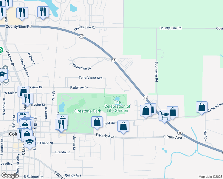 map of restaurants, bars, coffee shops, grocery stores, and more near 585 Parkview Drive in Columbiana
