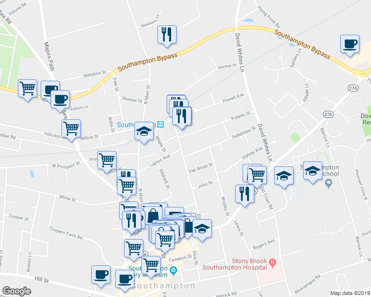 map of restaurants, bars, coffee shops, grocery stores, and more near 198 Elm Street in Southampton