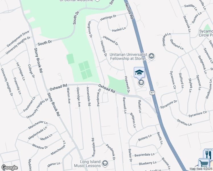 map of restaurants, bars, coffee shops, grocery stores, and more near 363 Oxhead Road in Stony Brook