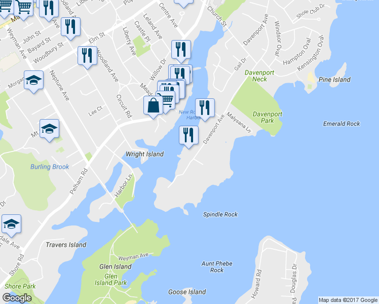 map of restaurants, bars, coffee shops, grocery stores, and more near 583 Davenport Avenue in New Rochelle
