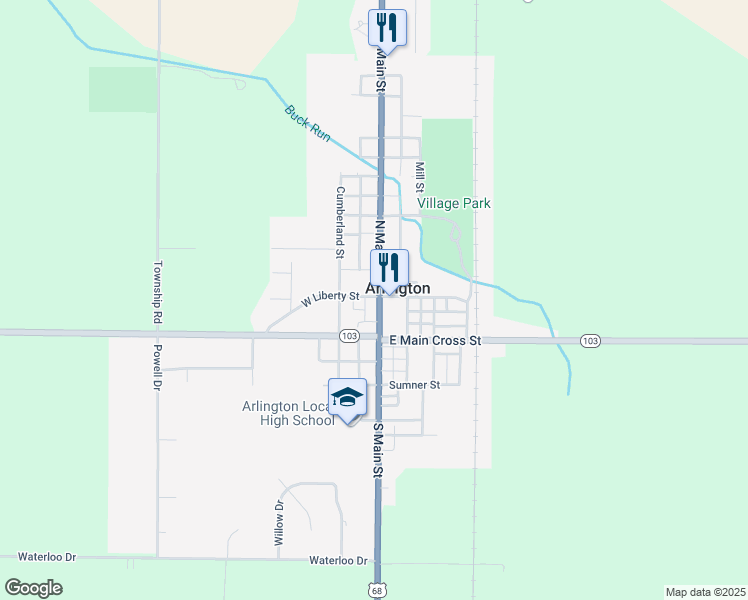 map of restaurants, bars, coffee shops, grocery stores, and more near 100 South Main Street in Arlington