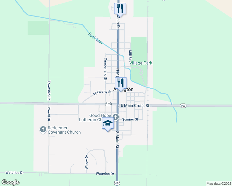map of restaurants, bars, coffee shops, grocery stores, and more near 100 South Main Street in Arlington