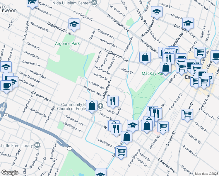 map of restaurants, bars, coffee shops, grocery stores, and more near 153 Lafayette Place in Englewood