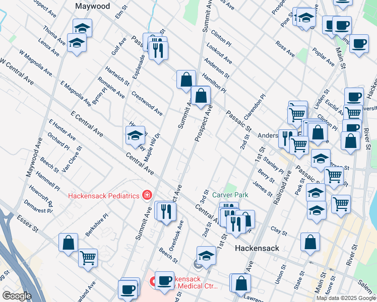 map of restaurants, bars, coffee shops, grocery stores, and more near 307 Prospect Avenue in Hackensack