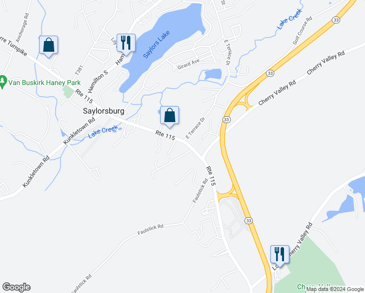 map of restaurants, bars, coffee shops, grocery stores, and more near 751 Route 115 in Saylorsburg