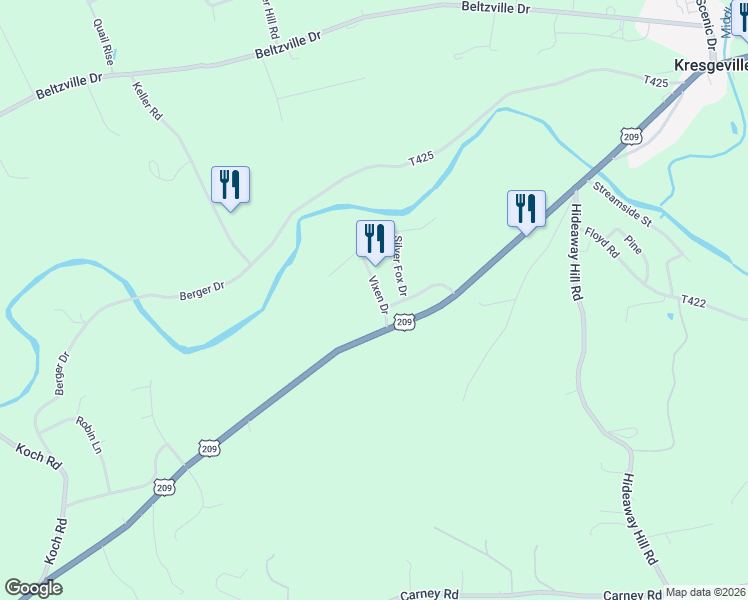map of restaurants, bars, coffee shops, grocery stores, and more near 2 Vixen Drive in Monroe County